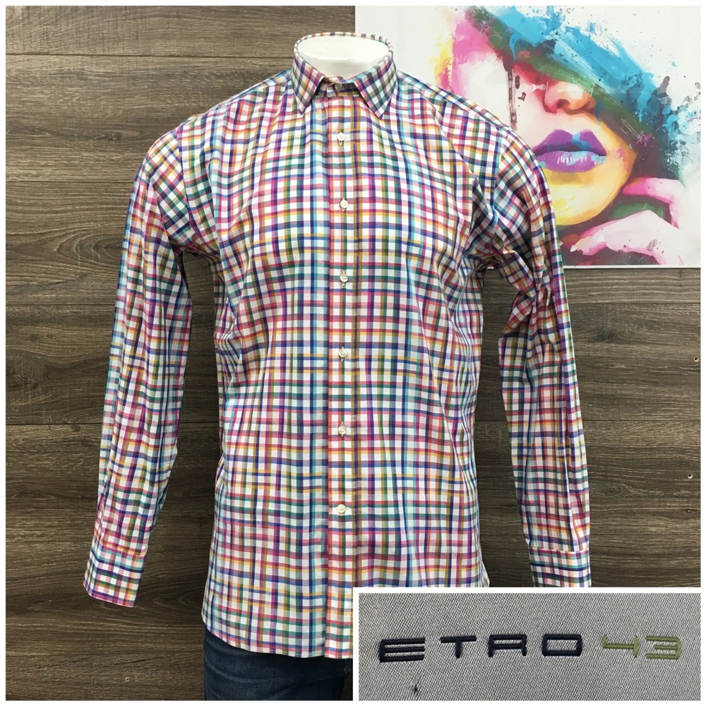 Etro Mens Multi Color Plaid Check Button Down Shirt Size 43 Cotton Made in Italy